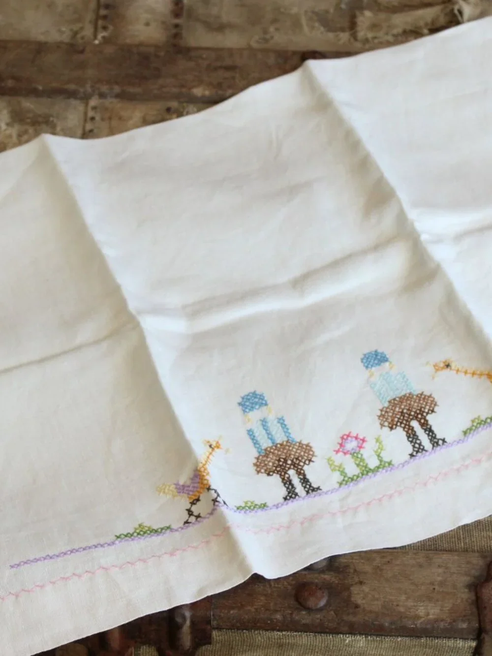 Vintage 1950s Hand Towel, White Linen Cross-stitched, Embroidery Tea Towel